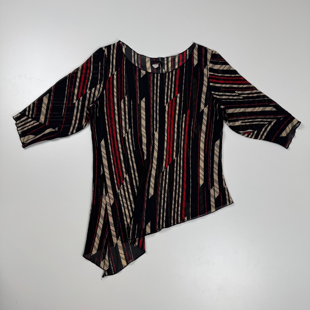 Vintage 90s Abstract Asymmetrical Sheer Top Black & Red Grunge Goth Y2K Size XXL